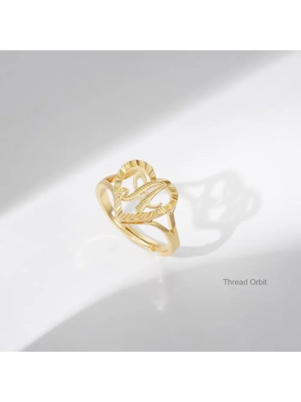 14K Gold Plated Heart Initial Ring - Adjustable Vintage Statement Ring